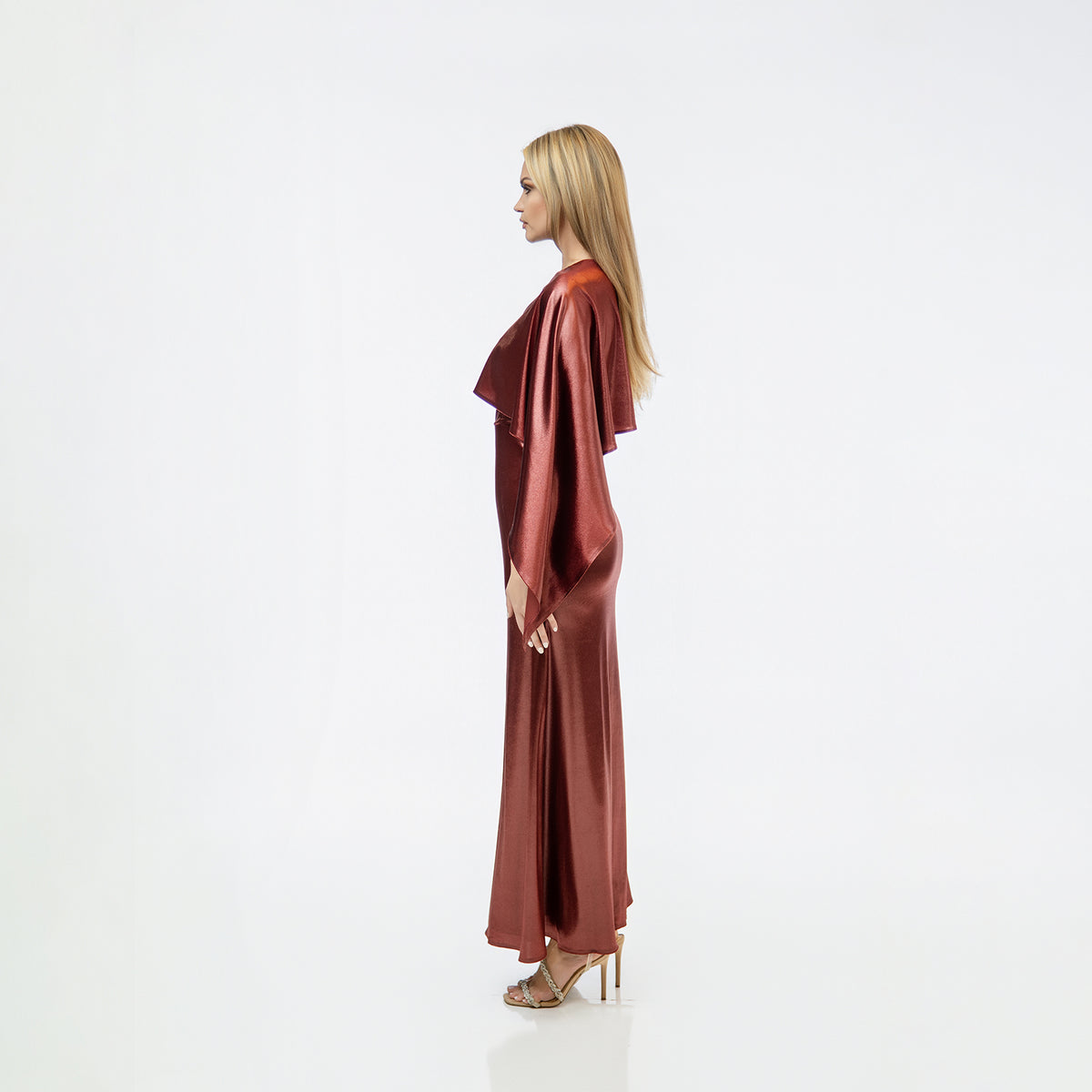 Red Ultra Luster red velvet maxi gown side view