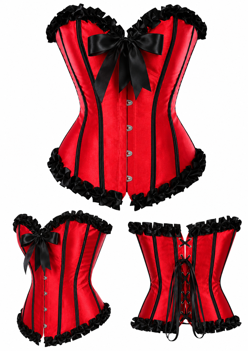Scarlet Shadow red satin corset with black trim and structured boning