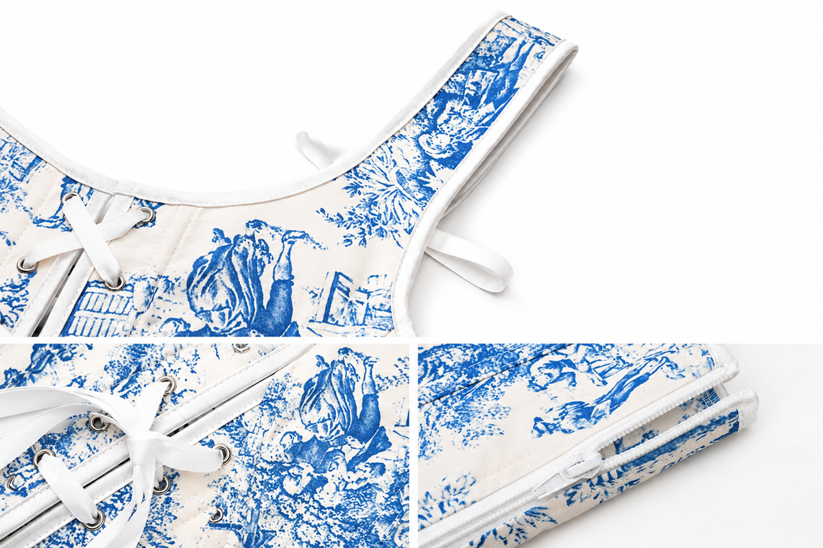 Versailles Vista corset blue floral fabric and structured detailing