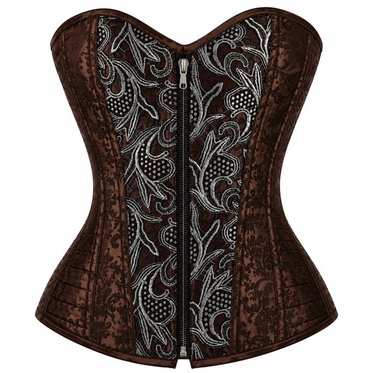 Victorian Era brown corset with brocade detailing by KDDH