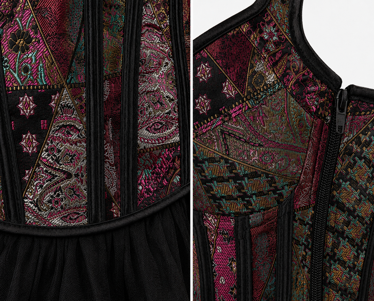 Regal Rebellion corset brocade fabric and structured detailing