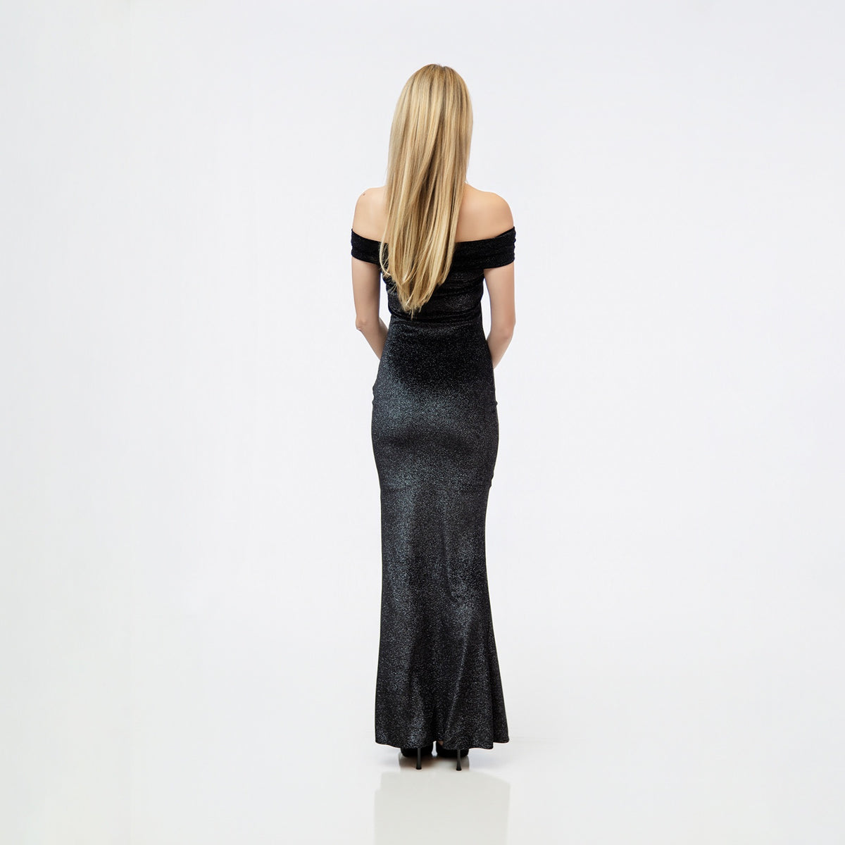 Galaxy Caviar black evening gown side view